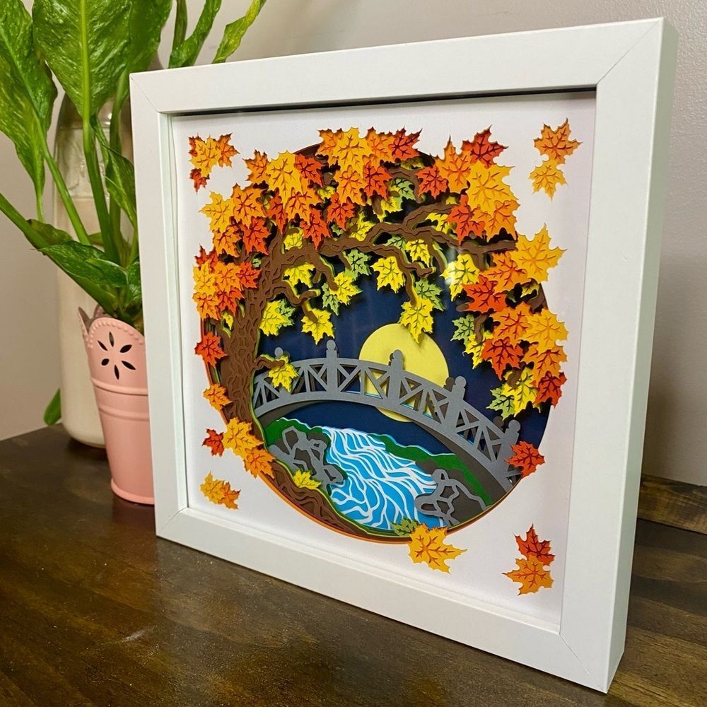 3D Autumn Fall Tree Bridge Shadowbox - Picture 3 of 8